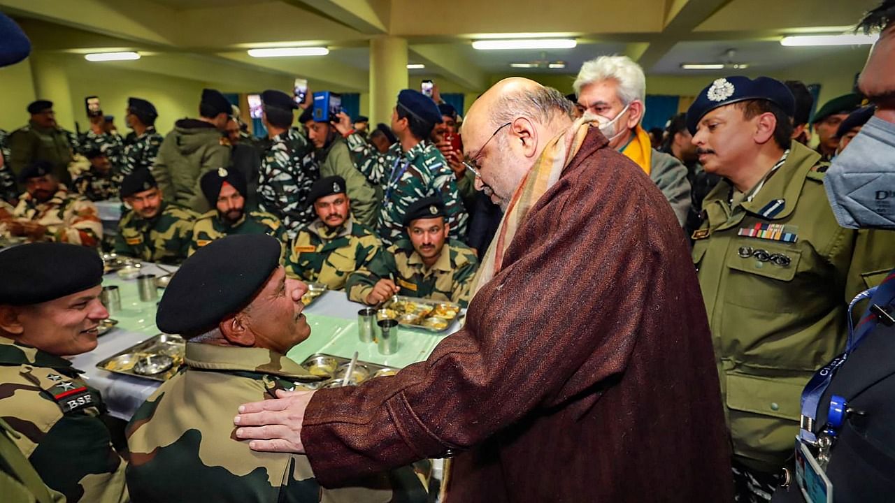 Home Minister Amit Shah during his visit to a CRPF Camp in Pulwama. Credit: PTI Photo