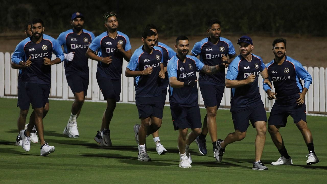 Indian cricket team players train a day ahead of their match against Pakistan, in Dubai, UAE, Saturday. Credit: AP/PTI Photo