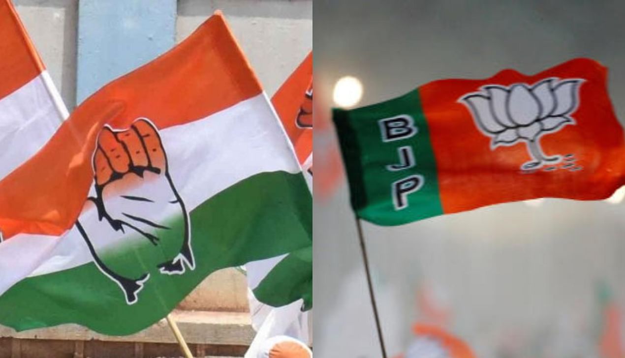 Congress and BJP flags. Credit: Getty Images/DH File Photo