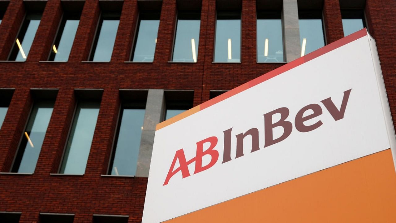 The logo of AB InBev is pictured outside the brewer's headquarters in Leuven. Credit: AFP Photo