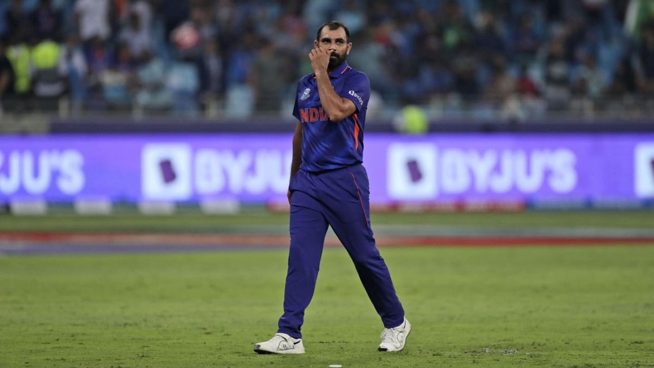India's Mohammed Shami reacts after he was hit by three consecutive boundaries during the Cricket Twenty20 World Cup match between India and Pakistan in Dubai, UAE, Sunday, Oct. 24. Credit: AP/PTI Photo