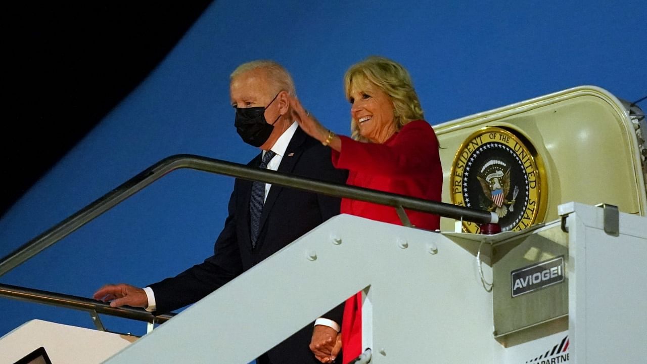 US President Joe Biden and First Lady Jill Biden arrive at Fiumicino airport to attend the G20 summit of world leaders and meet Pope Francis at the Vatican ahead of the president's trip to Glasgow for COP26, near Rome, Italy. Credit: Reuters Photo
