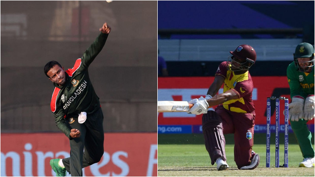 Bangladesh's Shakib Al Hasan (left) and West Indies' Evin Lewis. Credit: AFP Photos
