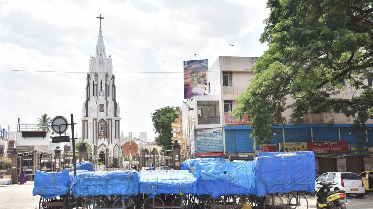 A view of Shivajinagar near St Mary’s Basilica Church during the Lockdown by Covid 19, in Bengaluru. Credit: DH File Photo