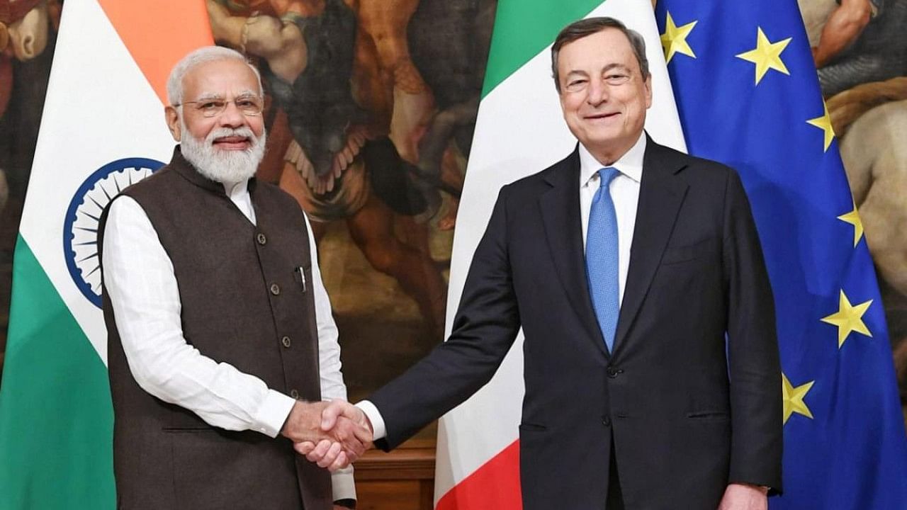 Prime Minister Narendra Modi meets Italian Prime Minister Mario Draghi at Palazzo Chigi, in Rome. Credit: PTI Photo