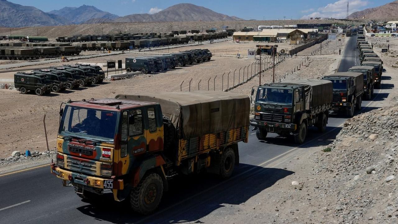 Military trucks carrying supplies move towards forward areas in the Ladakh region. Credit: Reuters file photo