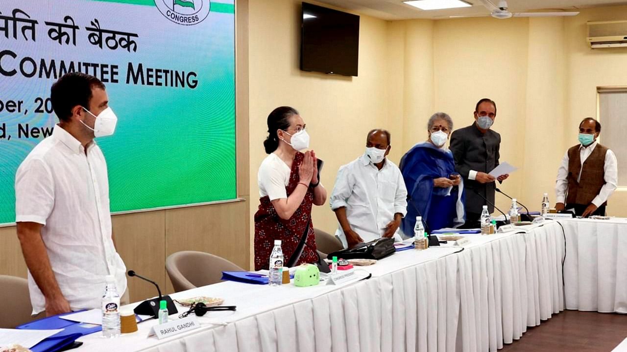 Congress Interim President Sonia Gandhi with party leader Rahul Gandhi and others during the Congress Working Committee meet. Credit: PTI File Photo