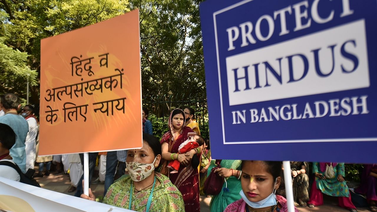 Missionaries and followers of ISKCON temple during a peaceful protest against the attacks on Hindu minorities in Bangladesh, in New Delhi. Credit: PTI File Photo