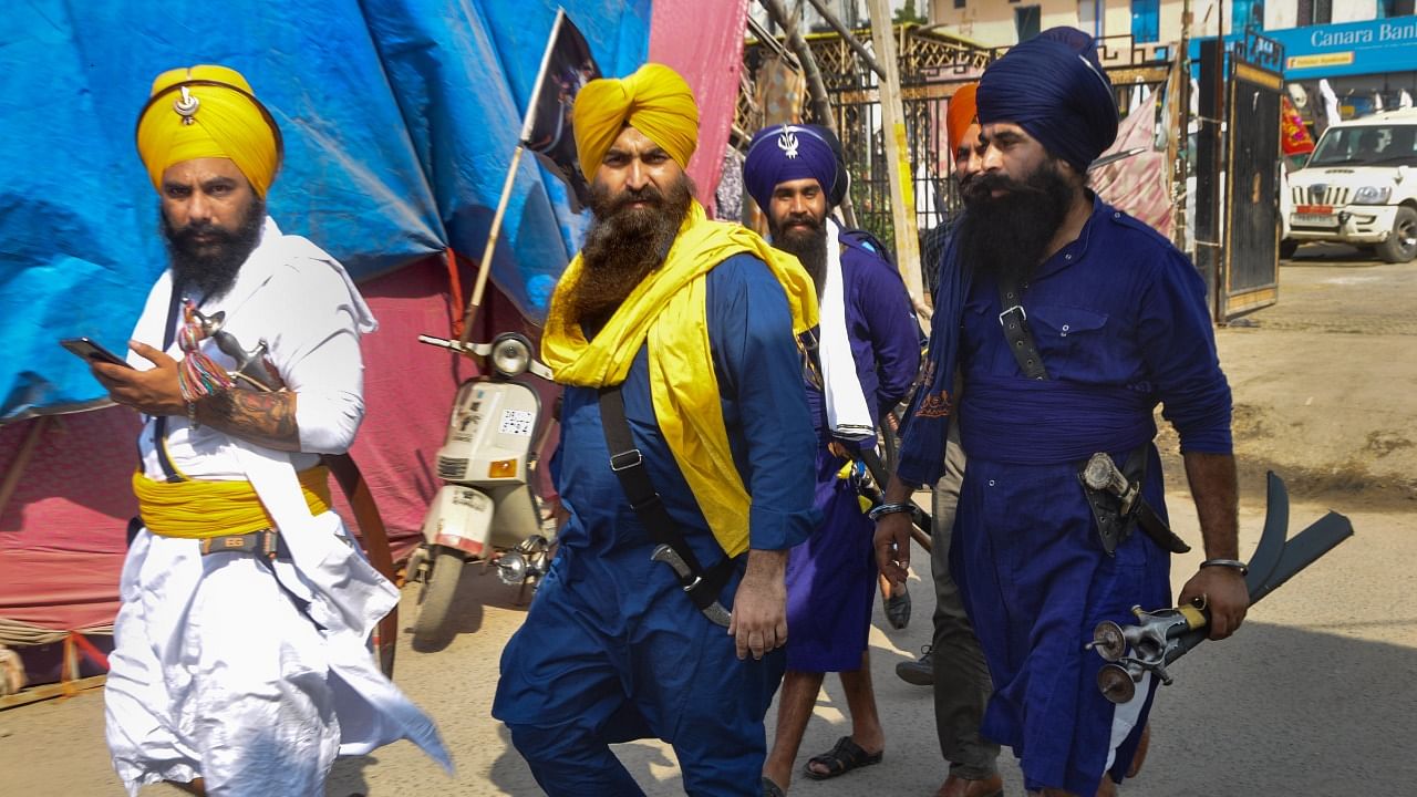 Nihang Sardars at Singhu border before 'Kisan Mahapanchayat', in New Delhi. Credit: PTI Photo