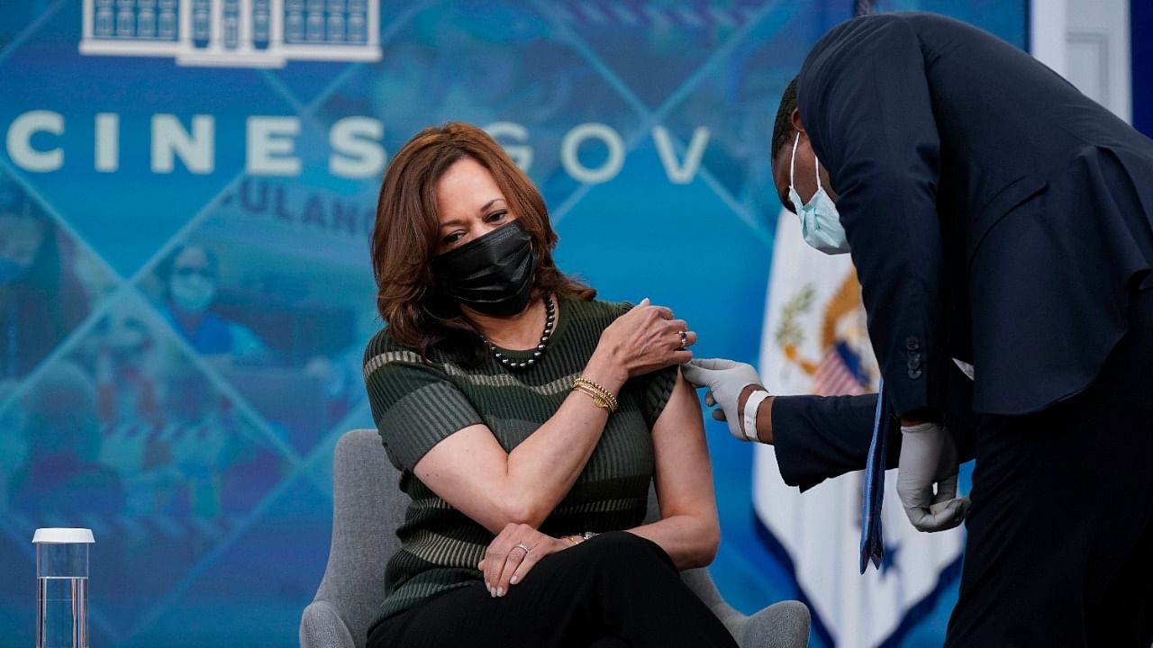 Harris received her third dose of the Moderna vaccine at the White House. Credit: AP Photo