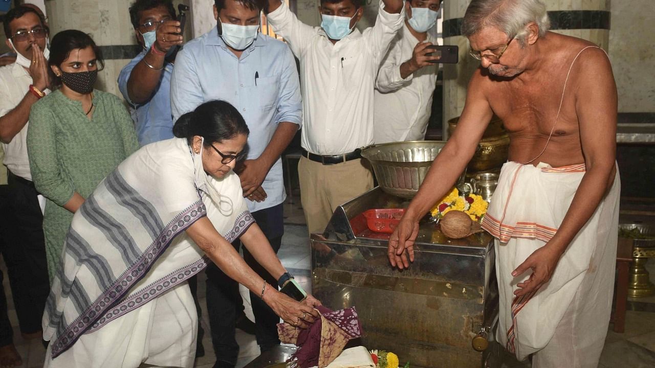 West Bengal Chief Minister Mamata Banerjee during her visit to the Mangeshi temple, in Goa. Credit: PTI Photo