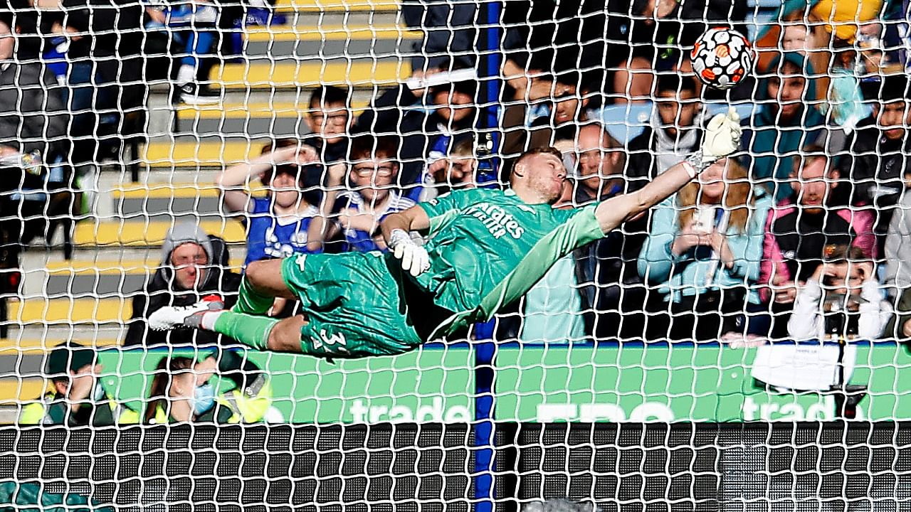 Aaron Ramsdale made a spectacular save during Arsenal's 2-0 win over Leicester City in the English Premier League. Credit: Reuters Photo