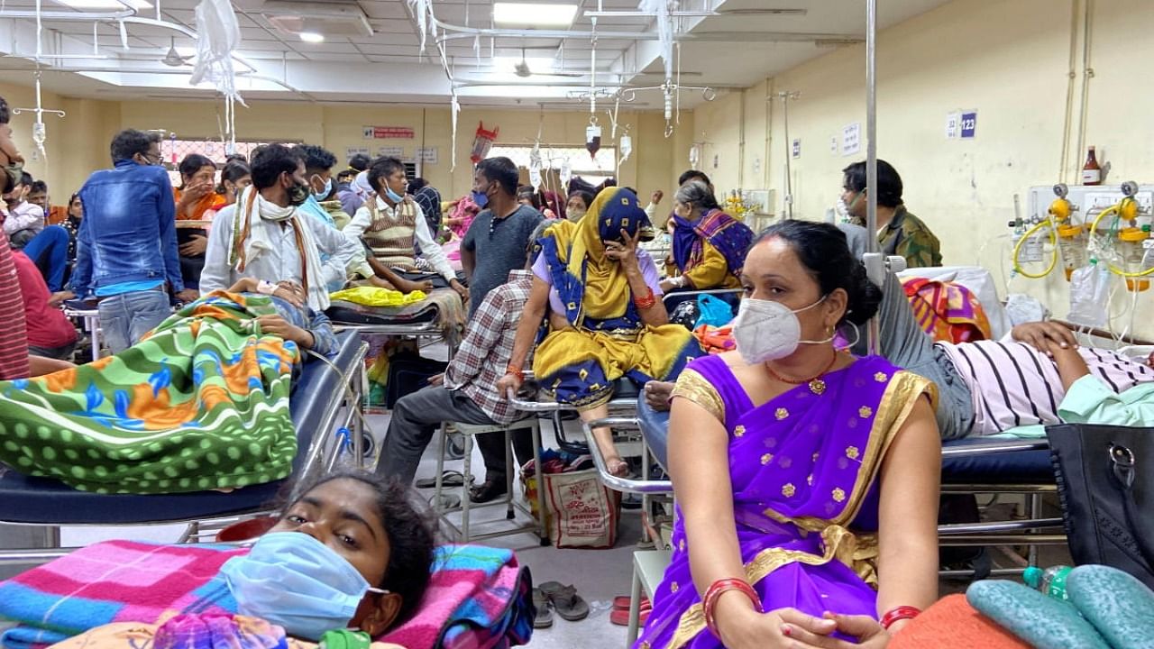 People are seen on stretchers at an emergency ward of a government hospital as dengue cases in the city cross the 1000-mark, in New Delhi. Credit: Reuters Photo