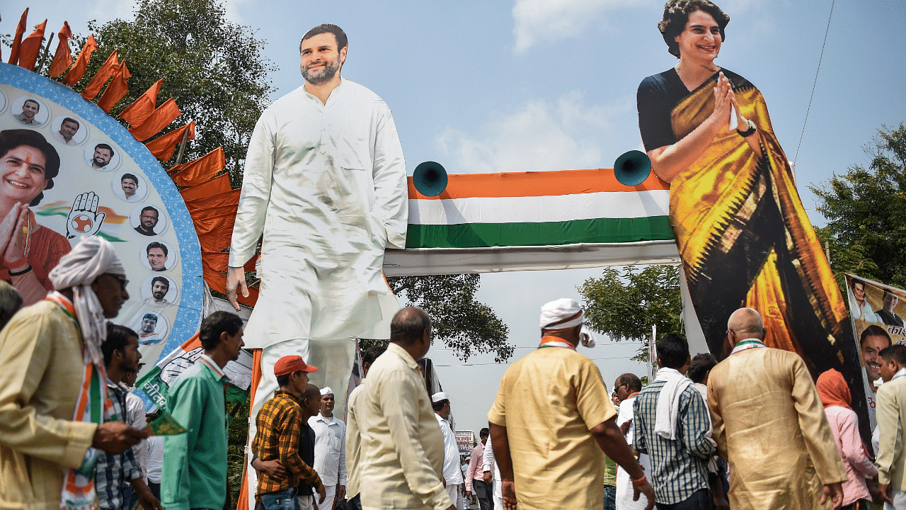  Larger than life size cut-outs of Congress leaders Rahul Gandhi and Priyanka Gandhi. Credit: PTI Photo