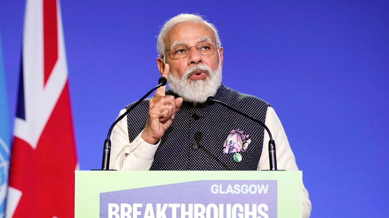 Prime Minister Narendra Modi speaks during the "Accelerating Clean Technology Innovation and Deployment" event during UN Climate Change Conference (COP26) in Glasgow, Scotland, Britain November 2, 2021. Credit: Reuters Photo