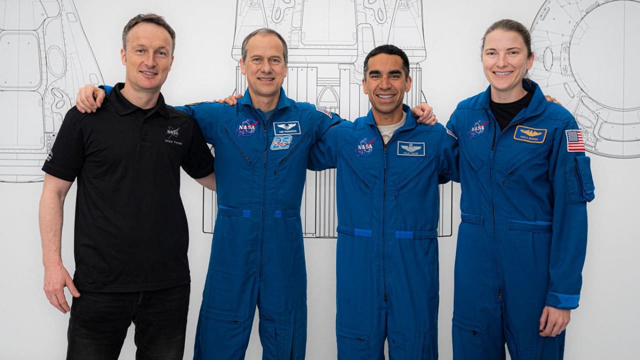SpaceX Crew-3 astronauts (L-R) Matthias Maurer, Thomas Marshburn, Raja Chari and Kayla Barron pose for a portrait during preflight training at SpaceX headquarters in Hawthorne. Credit: AFP Photo/SpaceX/Handout