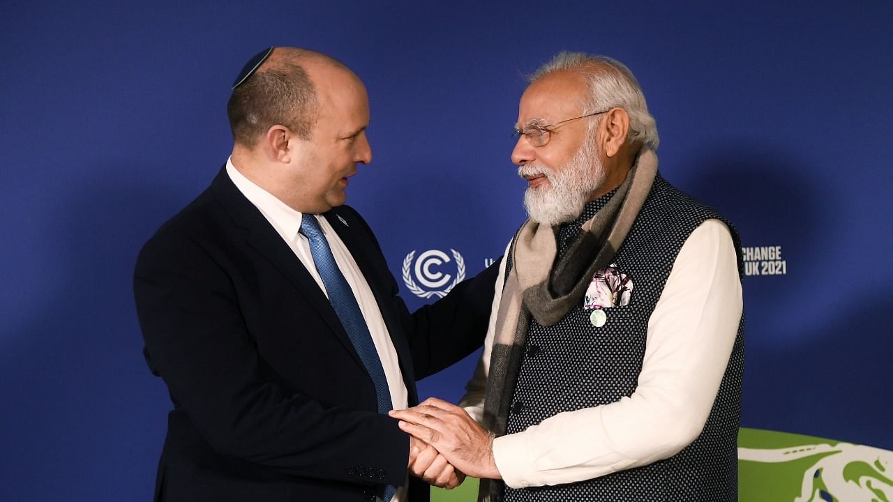 Narendra Modi with with his Israeli counterpart Naftali Bennett. Credit: Twitter/@PMOIndia