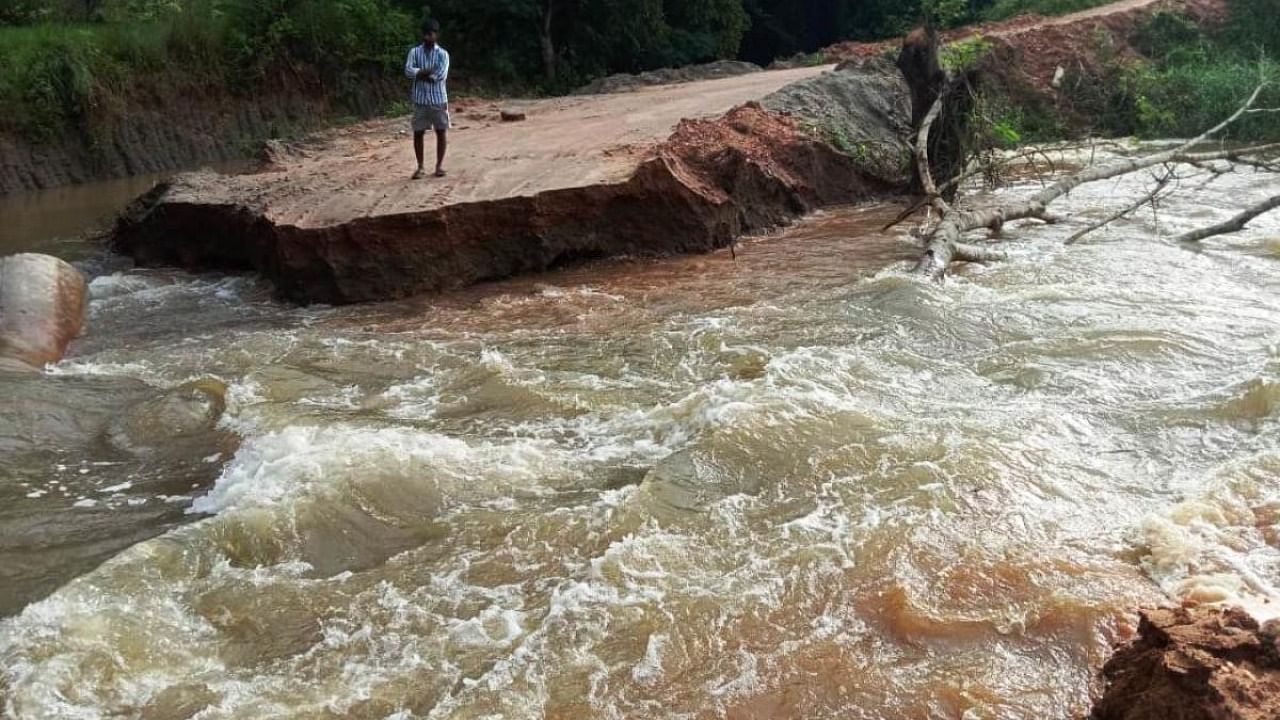 The temporary road was washed away near Basavanahalli in Ramanathapura hobli in Hassan district. Credit: DH Photo