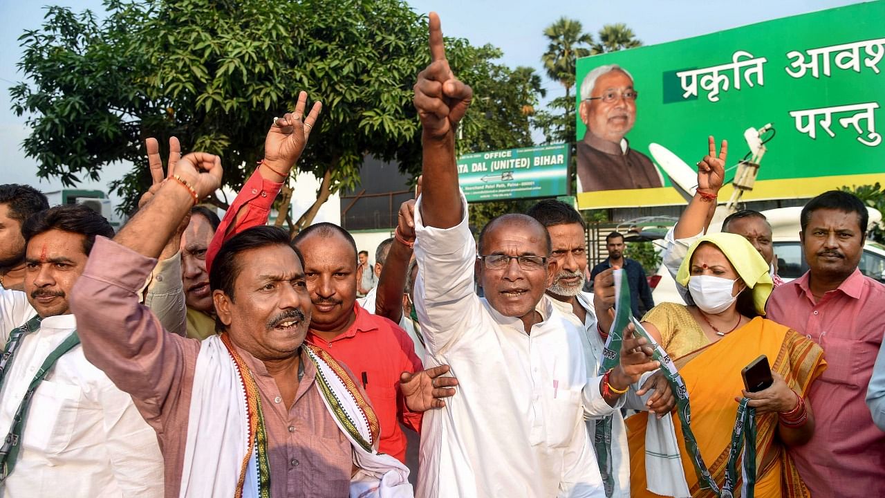 JD(U) supporters jubilate after the party's victory in Kusheshwar Asthan assembly by-elections, in Patna. Credit: PTI Photo