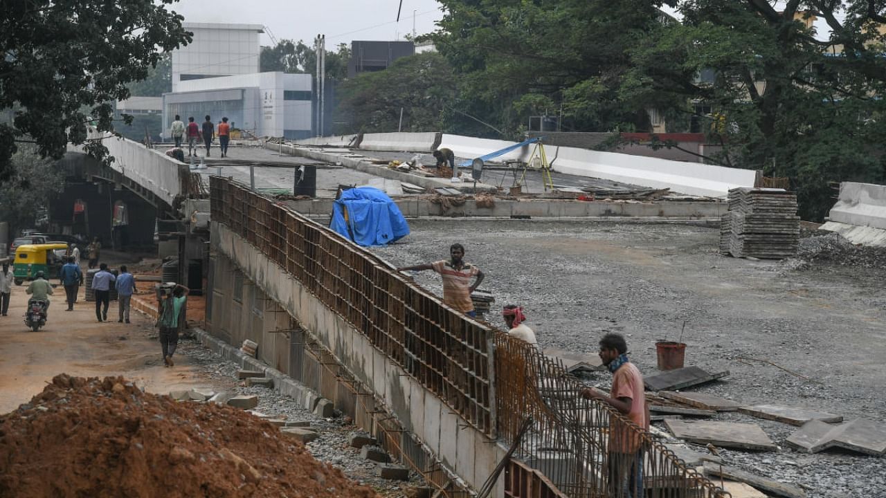 A file photo of the work on the flyover at Shivananda Circle. Credit: DH Photo/S K Dinesh