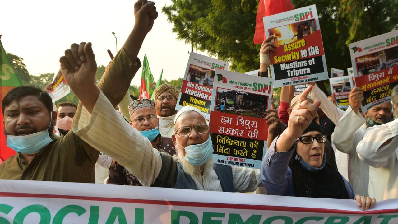 Social Democratic Party of India (SDPI) members stage a protest against Tripura violence outside the Tripura Bhawan. Credit: PTI photo