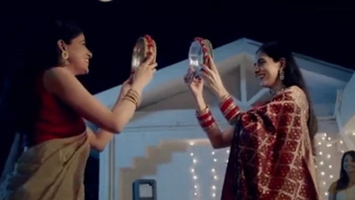 Dabur India withdrew its ad for Fem bleach. In a curious amalgam of ritual, patriarchy and pushing societal boundaries for a product that many women find problematic, it showed a lesbian couple celebrating Karwa Chauth, a Hindu festival where women fast for the long lives of their husbands. Credit: Screengrab from the ad