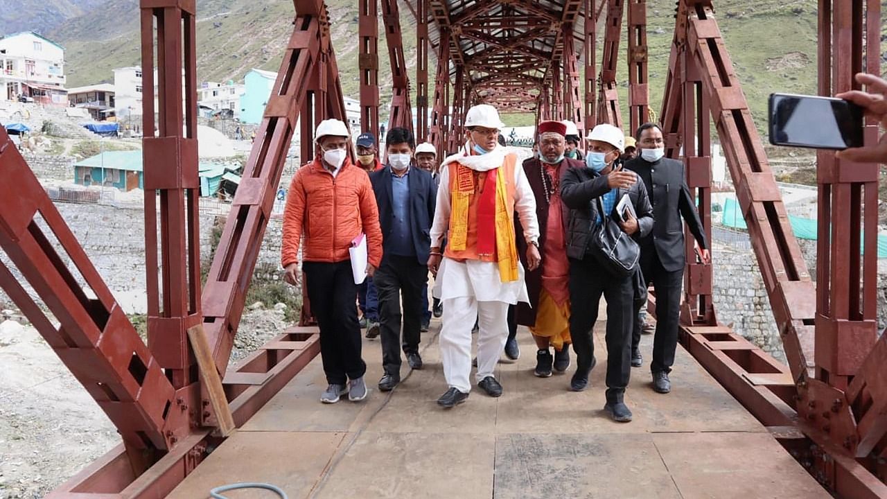Uttarakhand CM Pushkar Singh Dhami during his visit to Kedarnath, Tuesday. Credit: PTI Photo