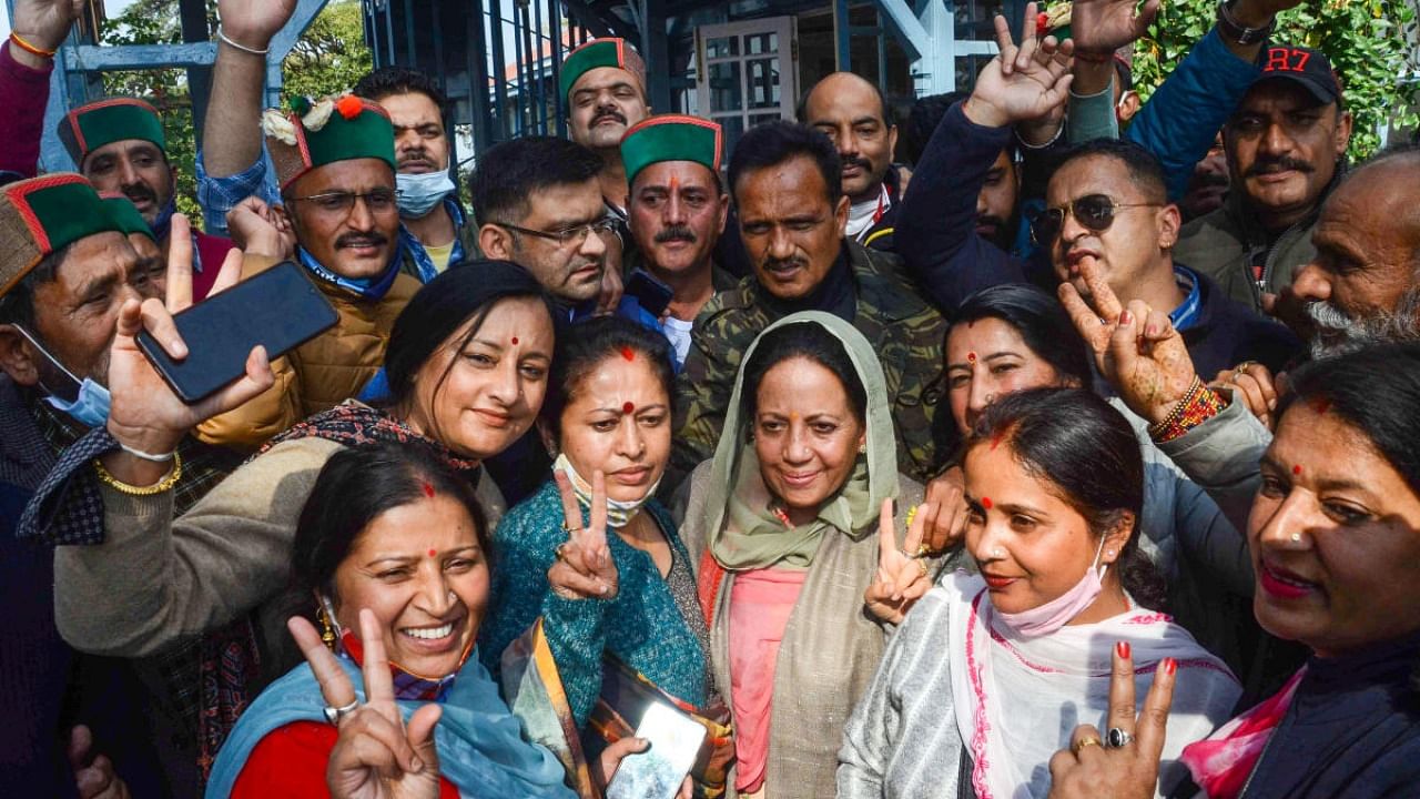 Congress candidate from Mandi Lok Sabha seat Pratibha Singh celebrates her victory in bye-elections, Shimla. Credit: PTI Photo