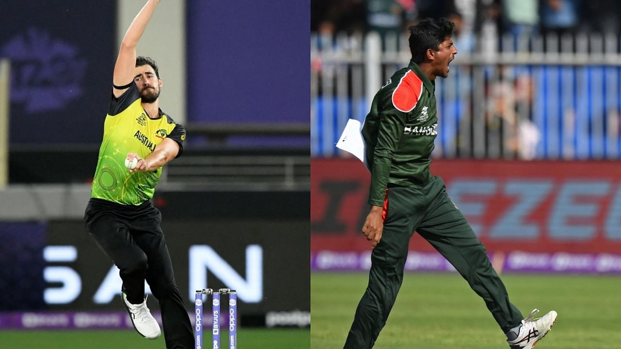 Australia's Mitchell Starc (left) and Bangladesh's Mahedi Hasan. Credit: AFP Photos