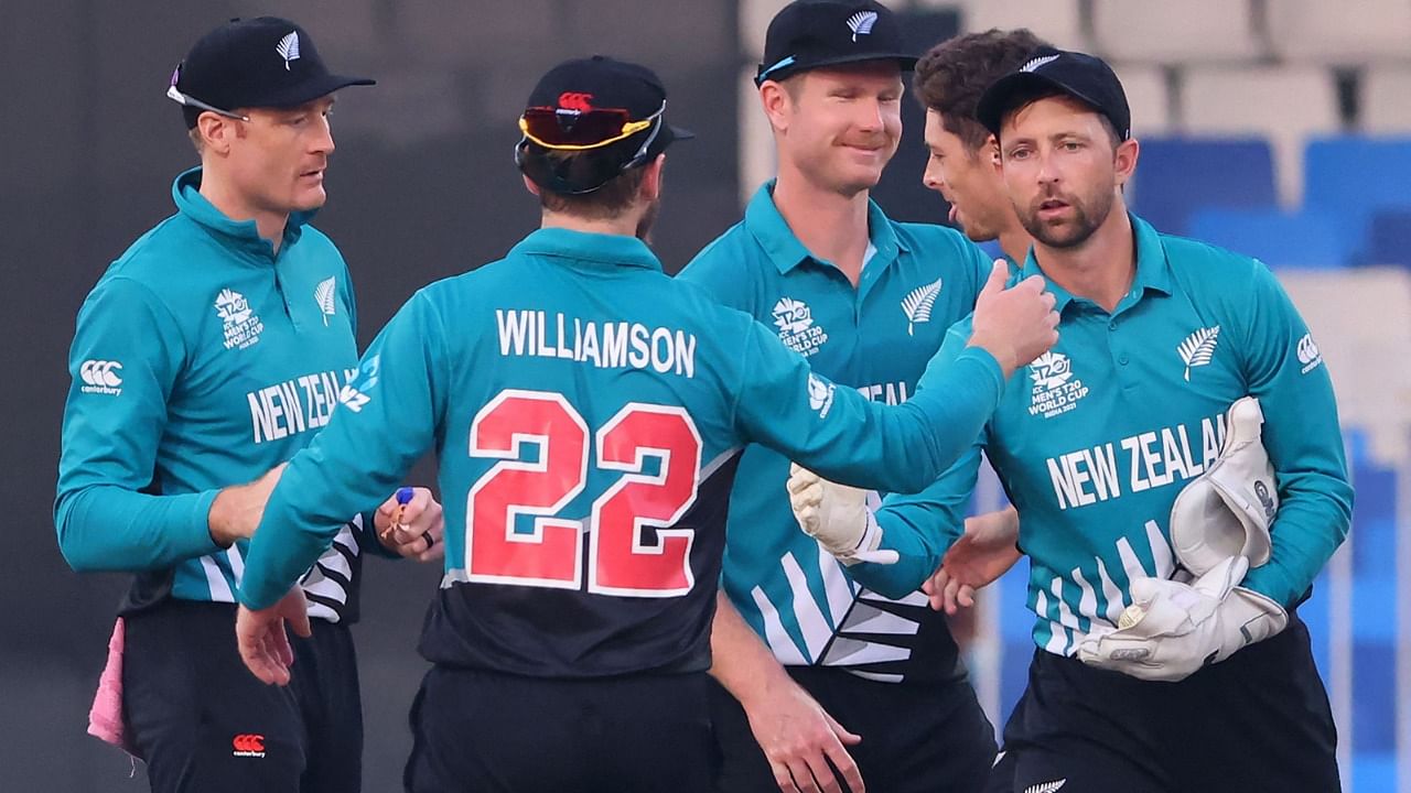 New Zealand's players celebrate their win in the ICC men’s Twenty20 World Cup cricket match between Namibia and New Zealand. Credit: AFP Photo