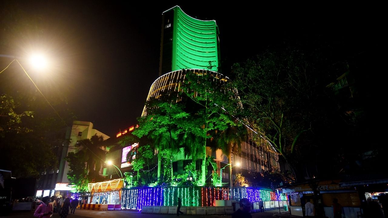 Bombay Stock Exchange building illuminated on the occasion of 'Laxmi Poojan', in Mumbai. Credit: PTI Photo
