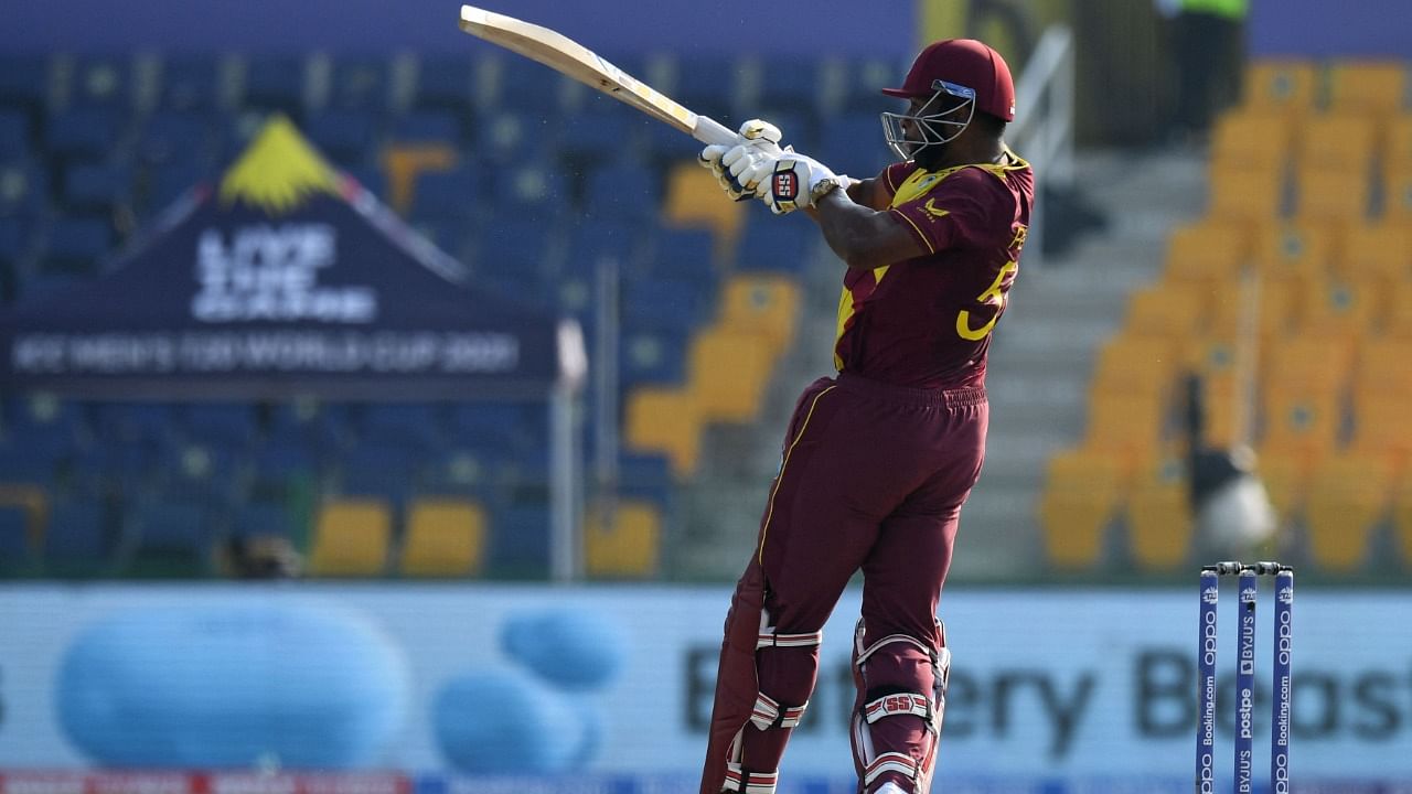 West Indies' captain Kieron Pollard plays a shot during the ICC men’s Twenty20 World Cup cricket match between Australia and West Indies. Credit: AFP Photo