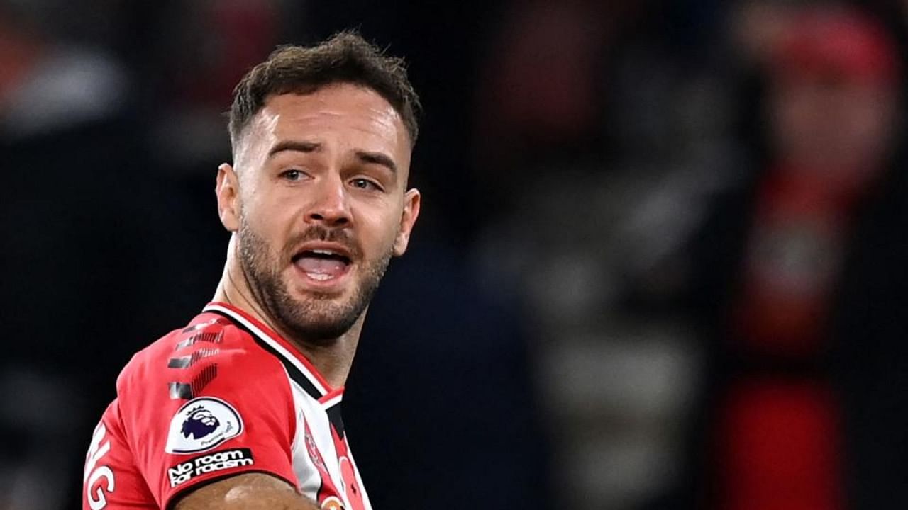 Southampton's English striker Adam Armstrong celebrates his goal during the English Premier League football match between Southampton and Aston Villa at St Mary's Stadium in Southampton. Credit: AFP Photo
