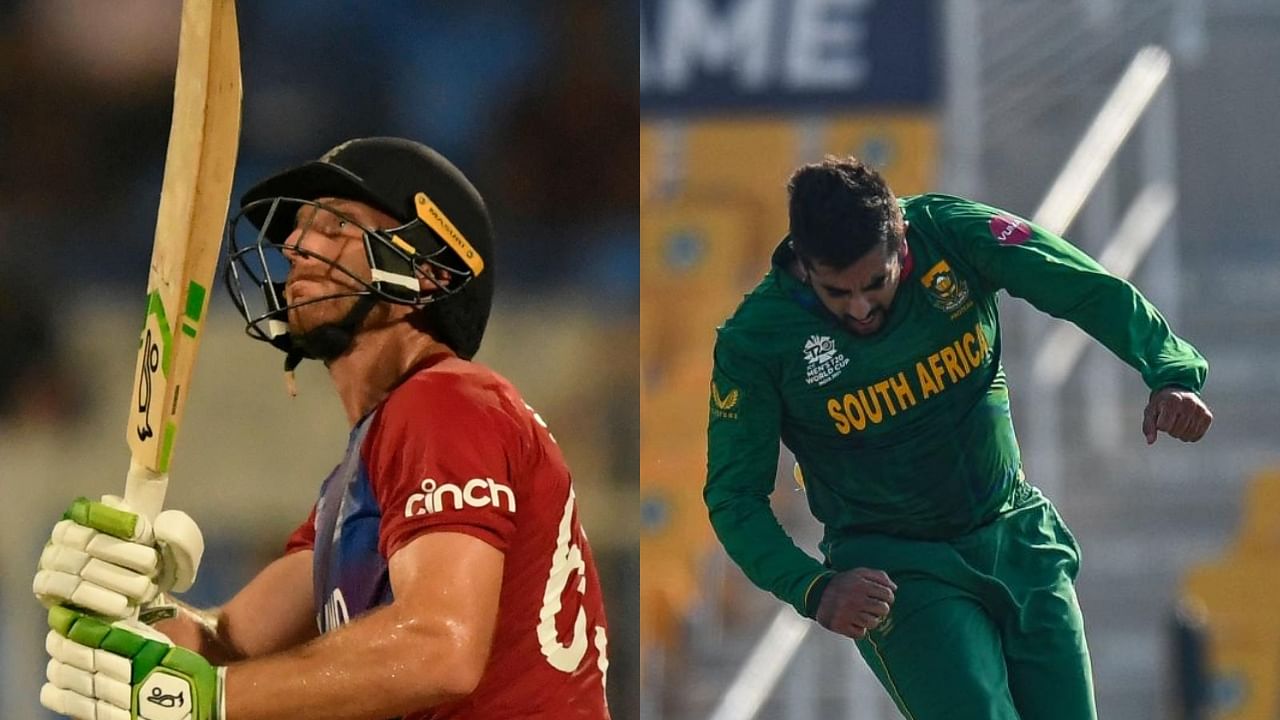 England's Jos Buttler (left) and South Africa's Tabraiz Shamsi. Credit: AFP Photos