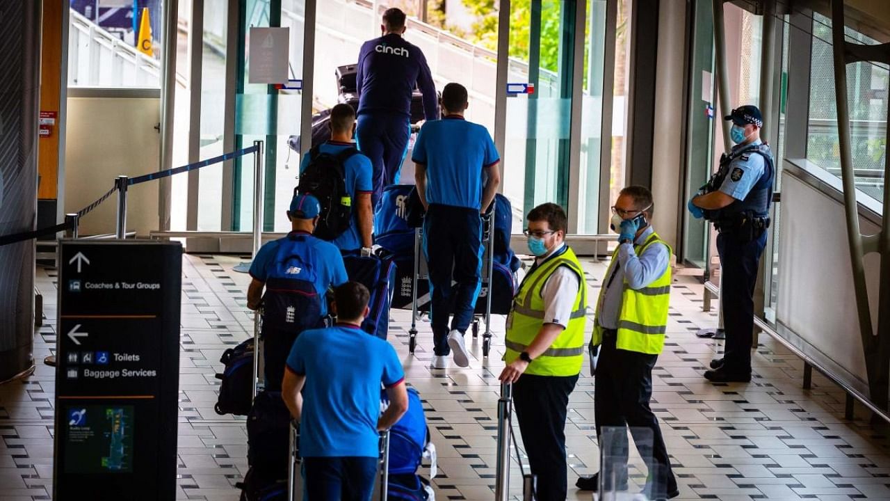 England's players arrive ahead of the Ashes cricket series against Australia, at the international airport in Brisbane. Credit: AFP Photo