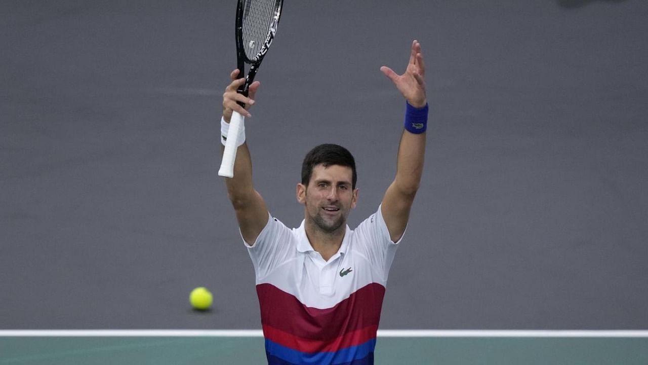 Novak Djokovic of Serbia reacts after winning U.S. Taylor Fritz during their quarterfinal match at the Paris Masters tennis tournament at the Accor Arena, in Paris. Credit: AP/PTI photo