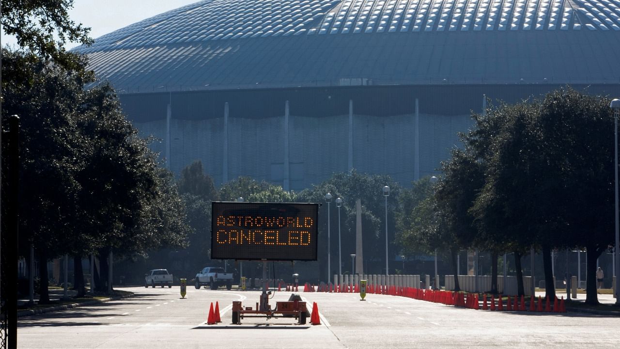 A street sign showing the cancellation of the AstroWorld Festival at NRG Park on November 6, 2021 in Houston, Texas. Credit: Reuters Photo