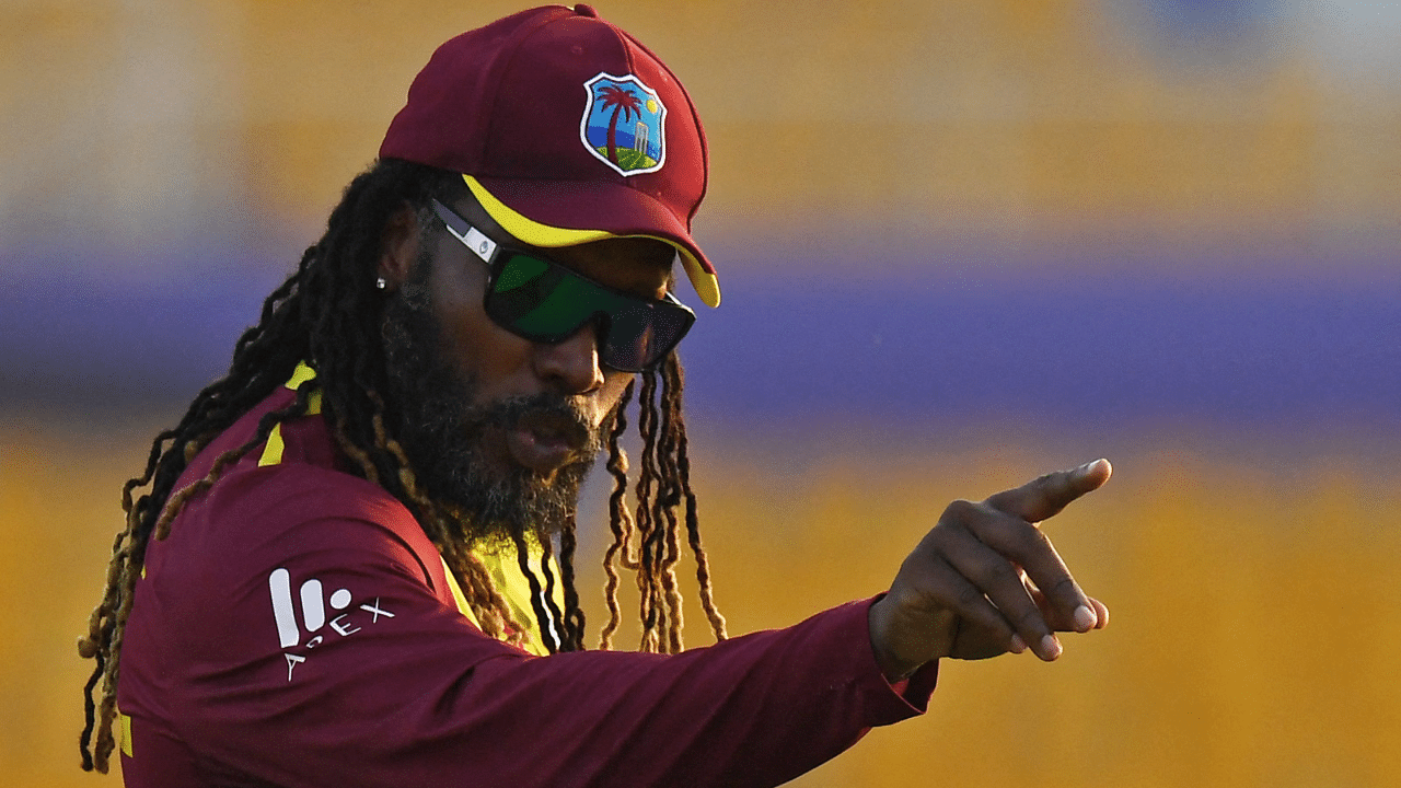 West Indies' Chris Gayle gestures during the ICC men’s Twenty20 World Cup cricket match. Credit: AFP Photo