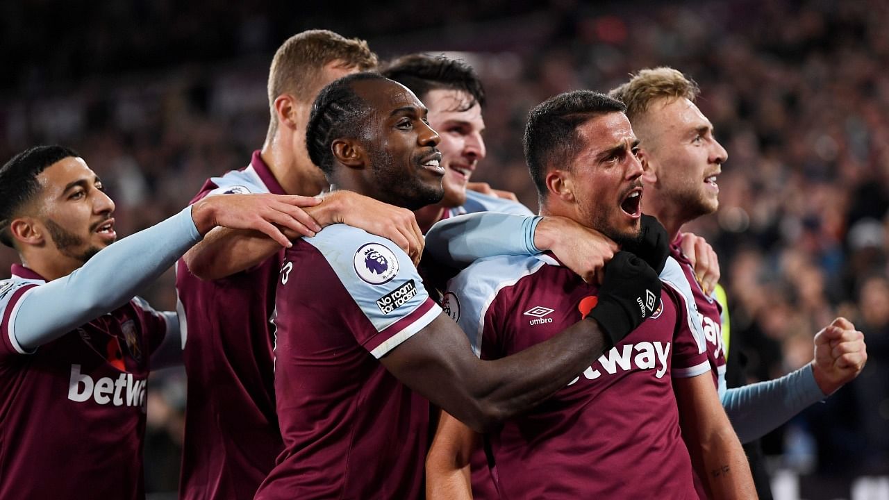 West Ham United's Pablo Fornals celebrates scoring their second goal against Liverpool with teammates. Credit: Reuters Photo