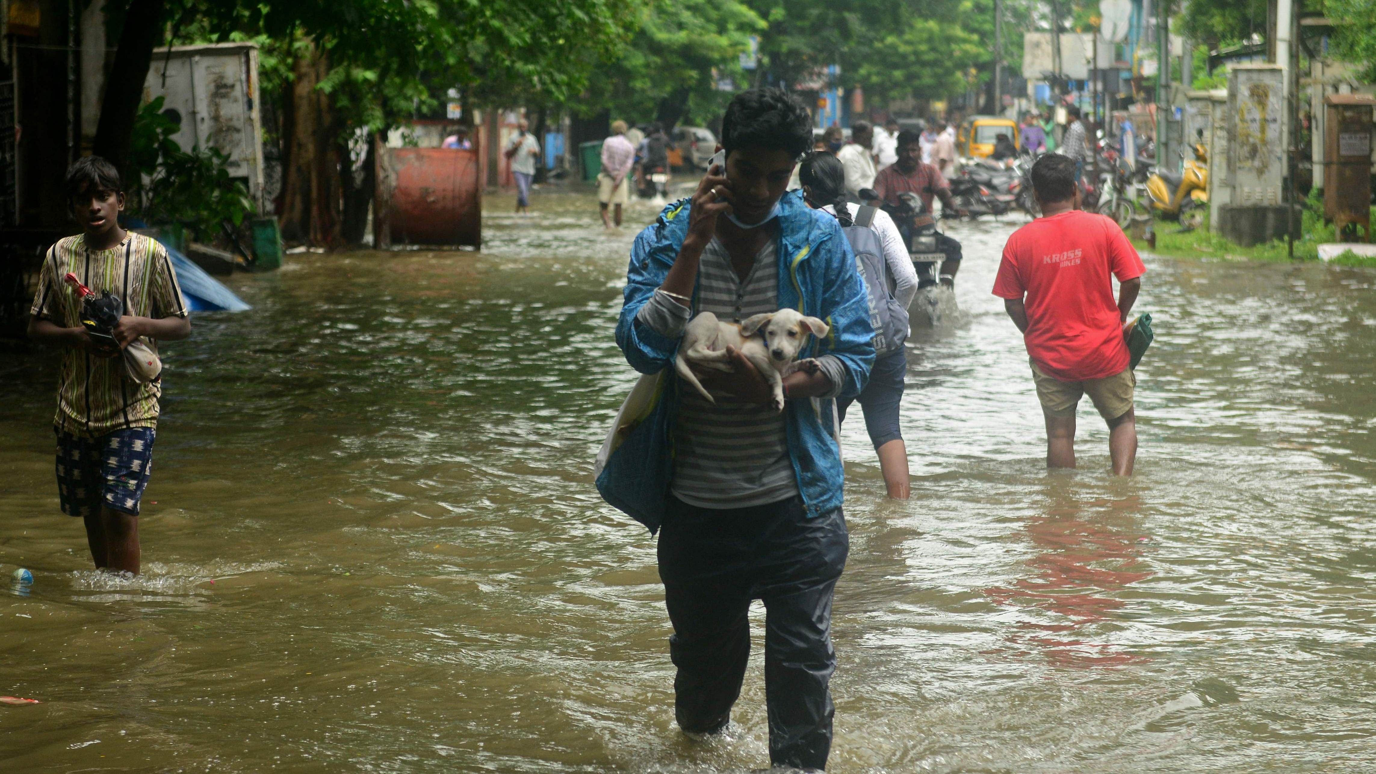 A man carries a puppy as he wades through a flooded street after a heavy rain shower in Chennai. Credit: AFP Photo