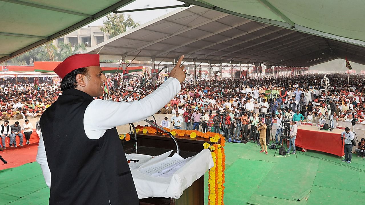 SP president Akhilesh Yadav addresses a rally at Akbarpur in Ambedkar Nagar district. Credit: PTI Photo