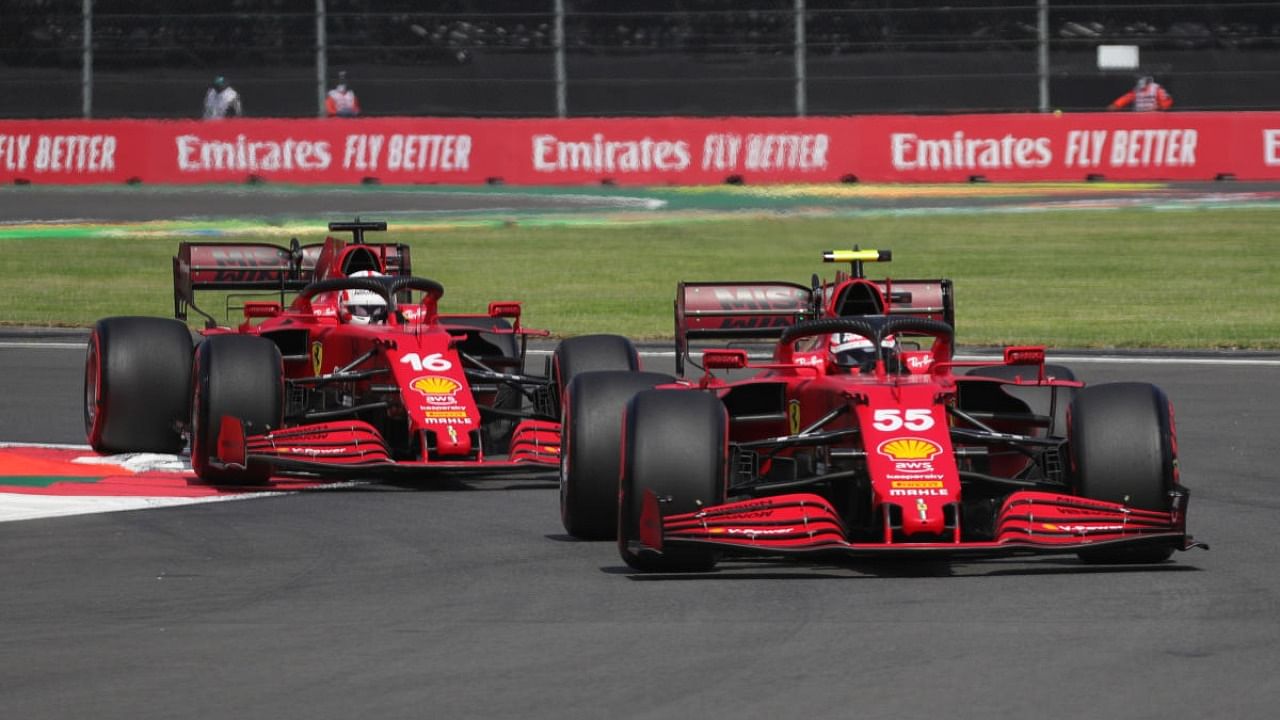 Ferrari's Charles Leclerc in action with Carlos Sainz Jr. during practice. Credit: Reuters Photo