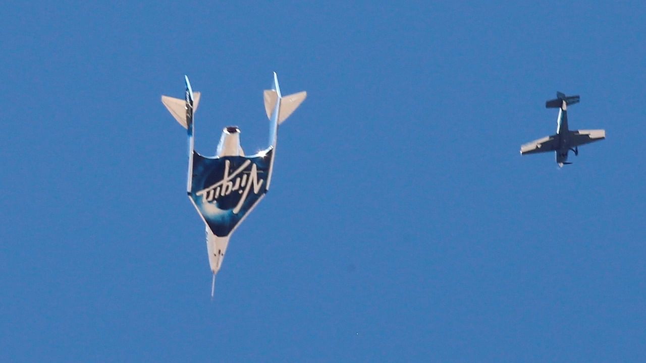 Virgin Galactic's passenger rocket plane VSS Unity, carrying billionaire entrepreneur Richard Branson and his crew, descends after reaching the edge of space above Spaceport America near Truth or Consequences, New Mexico, US. Credit: Reuters File Photo