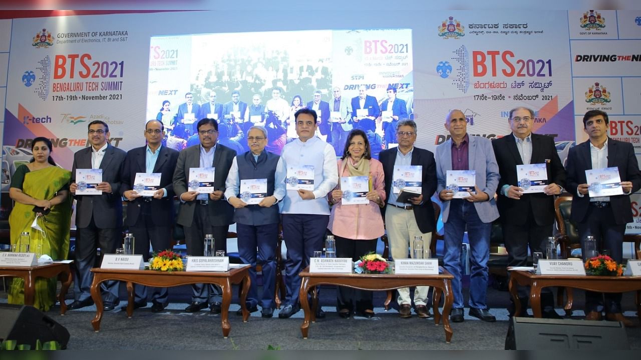 Dr. C.N Ashwath Narayan, Minister of IT, BT and Electronics, Karnataka, Biocon Chairperson Kiran Mazumdar-Shaw, and Infosys co-founder Kris Gopalakrishnan at the curtain raiser event of Bengaluru Tech Summit 2021 on November 9, 2021.