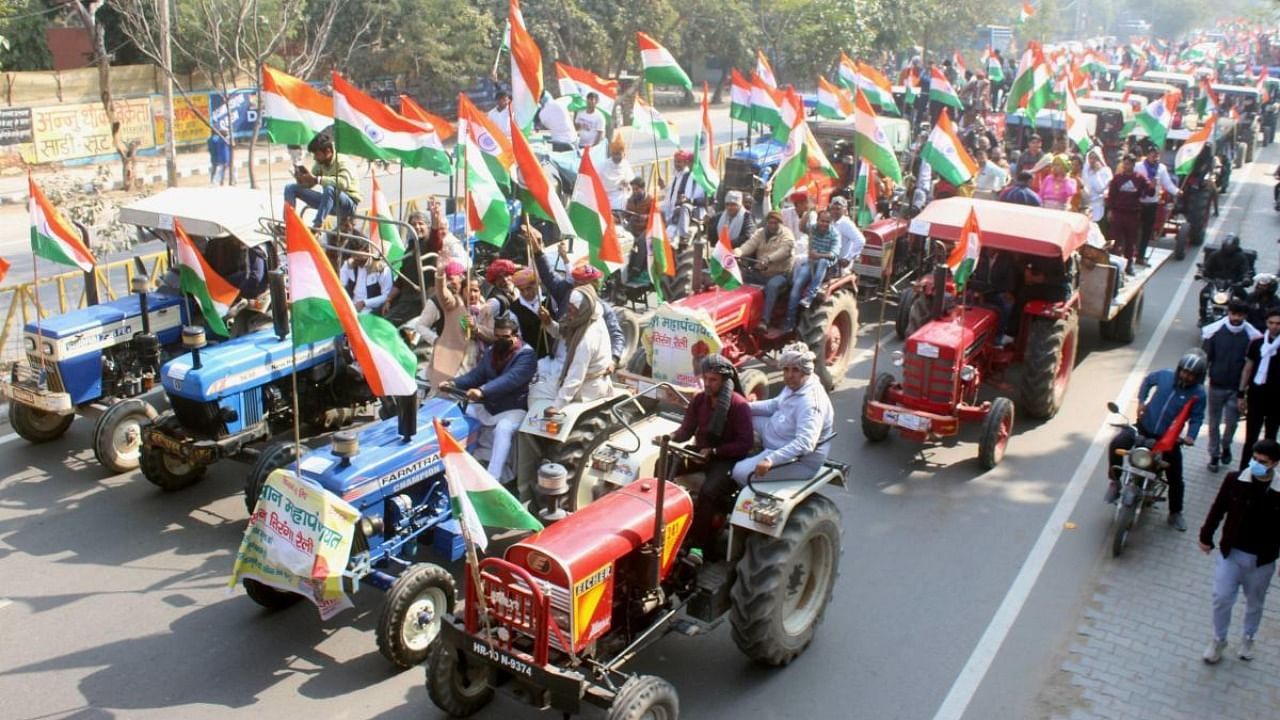 File Photo of farmers taking a tractor rally in protest against farm laws. Credit: PTI Photo