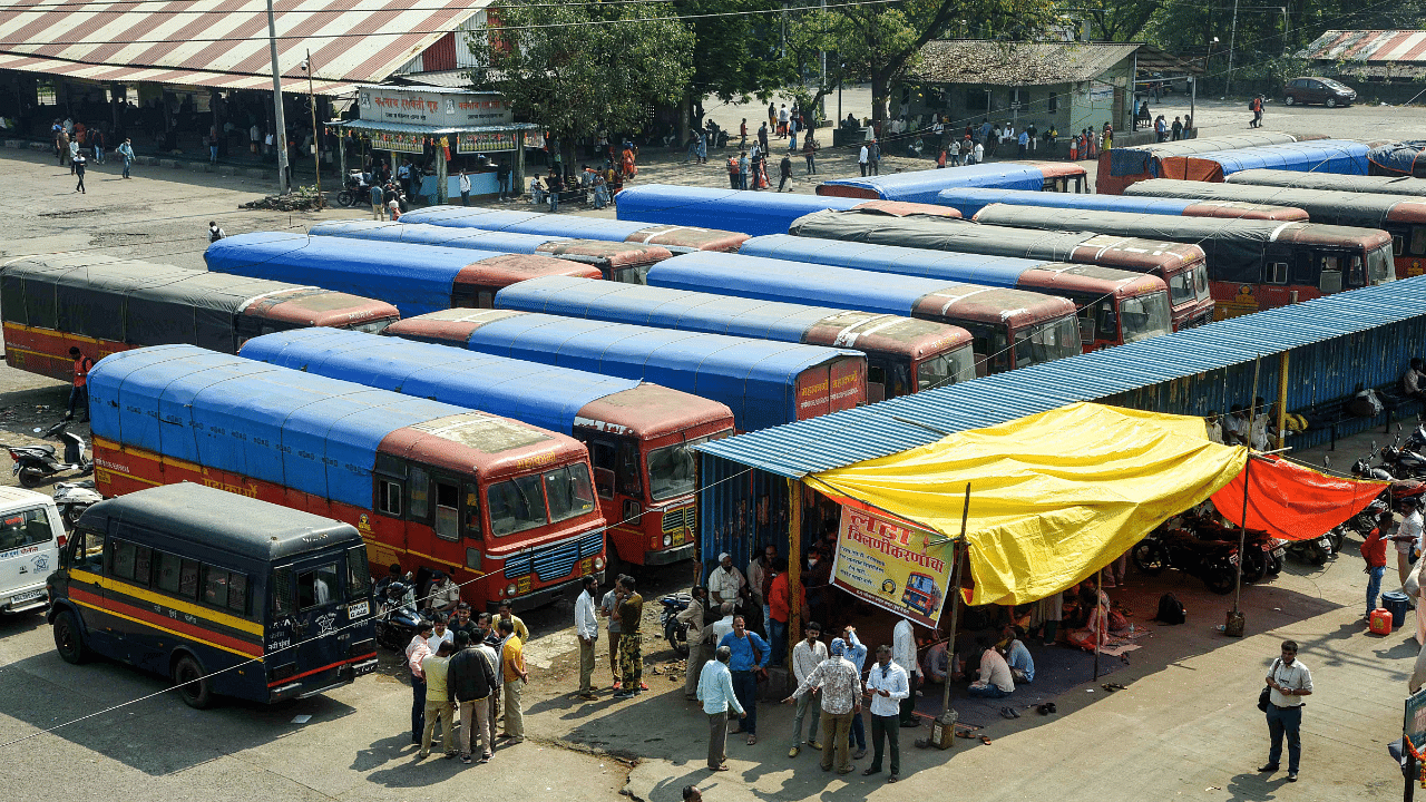 A view of the Maharashtra State Road Transport Corporation (MSRTC) depot at Panvel, during a strike called by MSRTC employees. Credit: PTI Photo