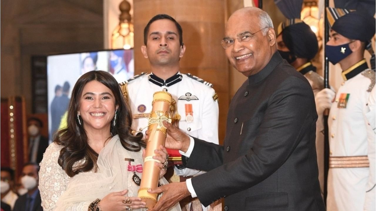 TV producer Ekta Kapoor receives Padma Shri. Credit: IANS Photo