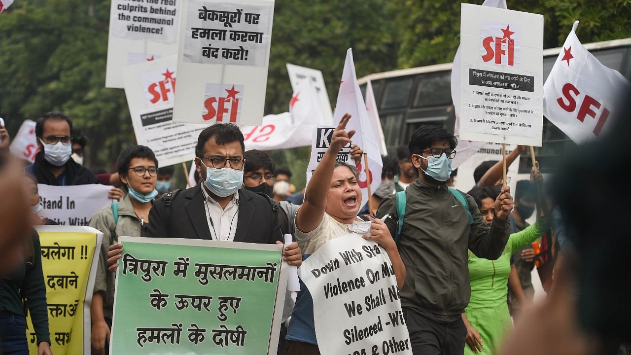 Students' Federation of India (SFI) activists protest against alleged communal violence in Tripura, at Tripura Bhawan in New Delhi, Friday. Credit: PTI File Photo