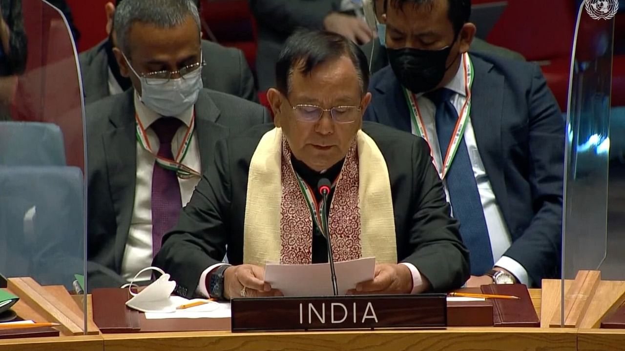 MoS External Affairs Dr Rajkumar Ranjan Singh during his address at the UN Security Council. Credit: Twitter/@IndiaUNNewYork