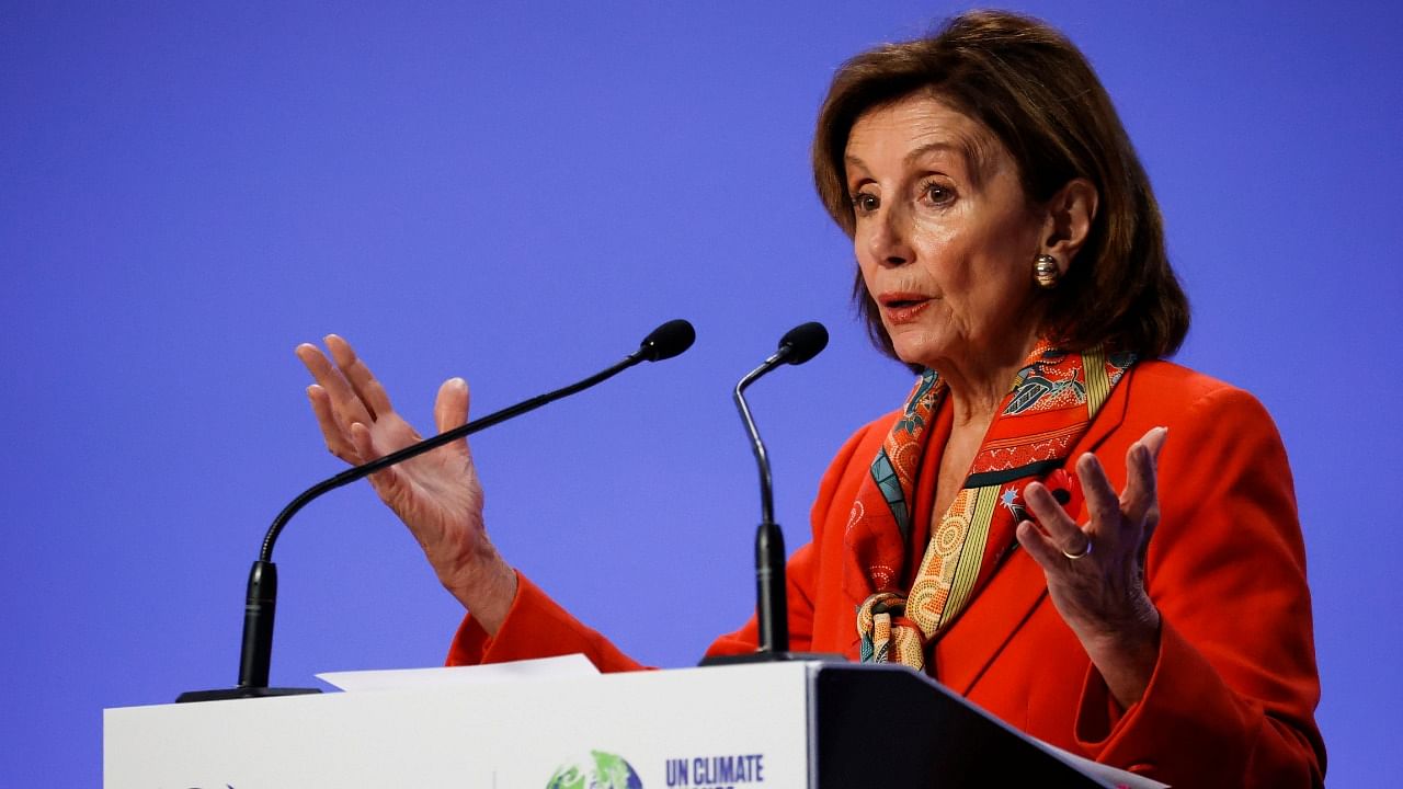 Speaker of the US House of Representatives Nancy Pelosi speaks at the COP26 Summit. Credit: Reuters Photo